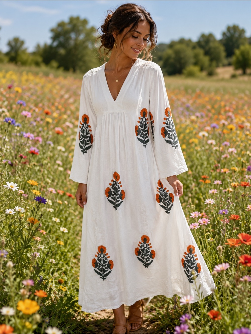 Heart of Grace White Cottagecore block print cotton Floral Dress 3/4 Sleeve NWT